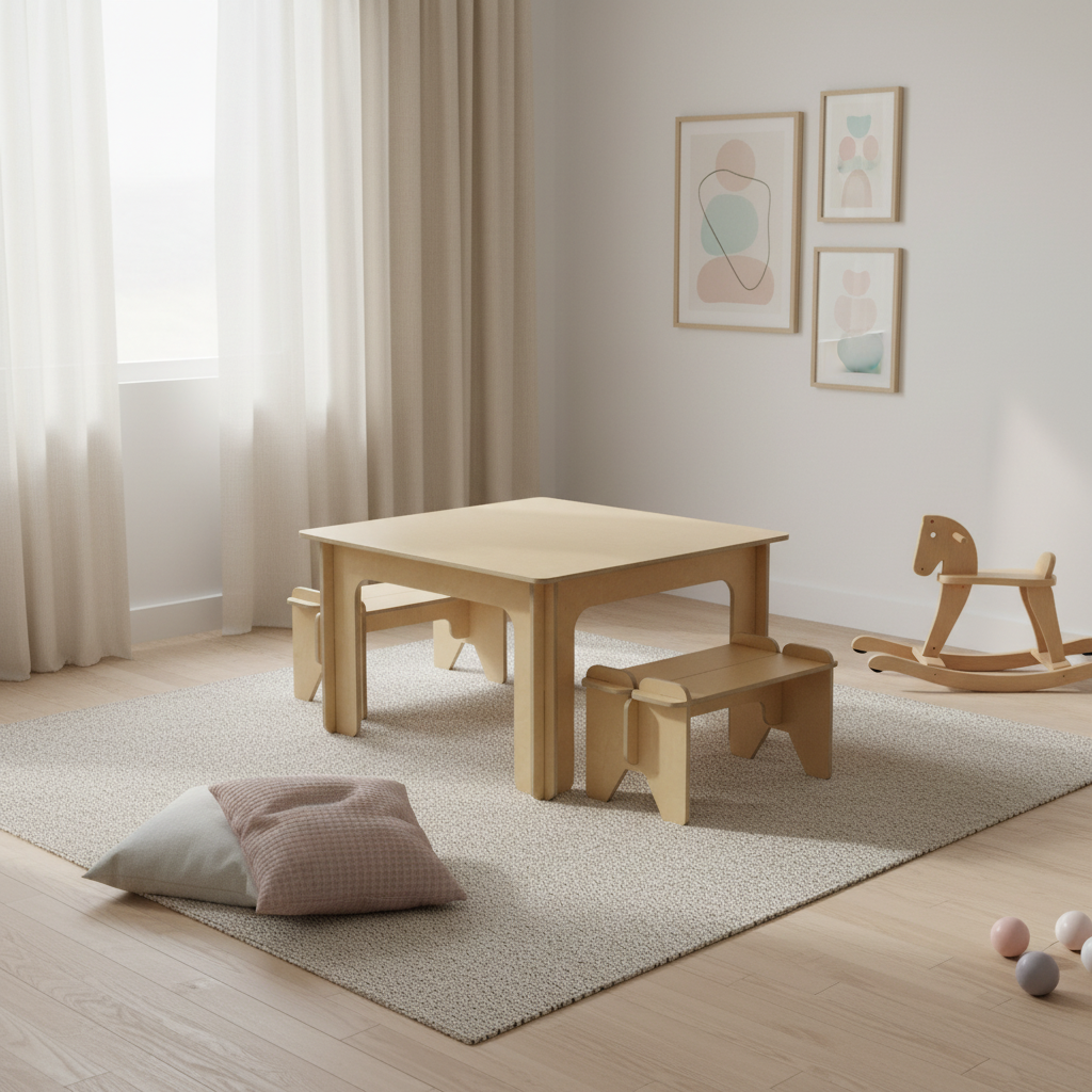 Houten speeltafel met bankje