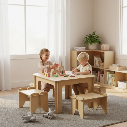 Houten speeltafel met bankje